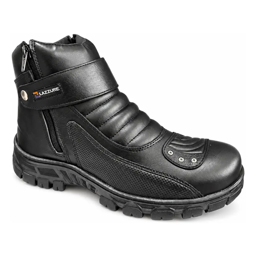 Coturno Motoqueiro Masculino em Couro Preto com Zíper e Solado de Borracha REF 9000 — Preto