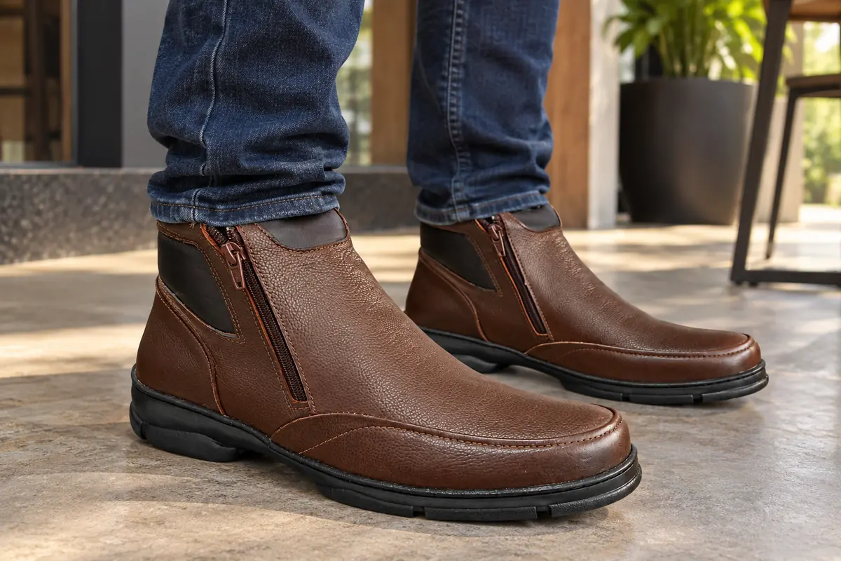 Botina Anatômica Masculina em Couro Rústico Café com Zíper Lateral REF 112 — detalhe do couro e do solado