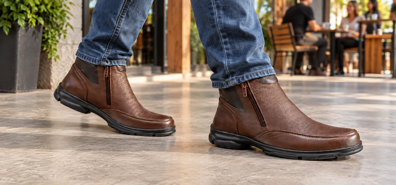 Botina Anatômica Masculina em Couro Rústico Café com Zíper Lateral REF 112 — uso real no pé