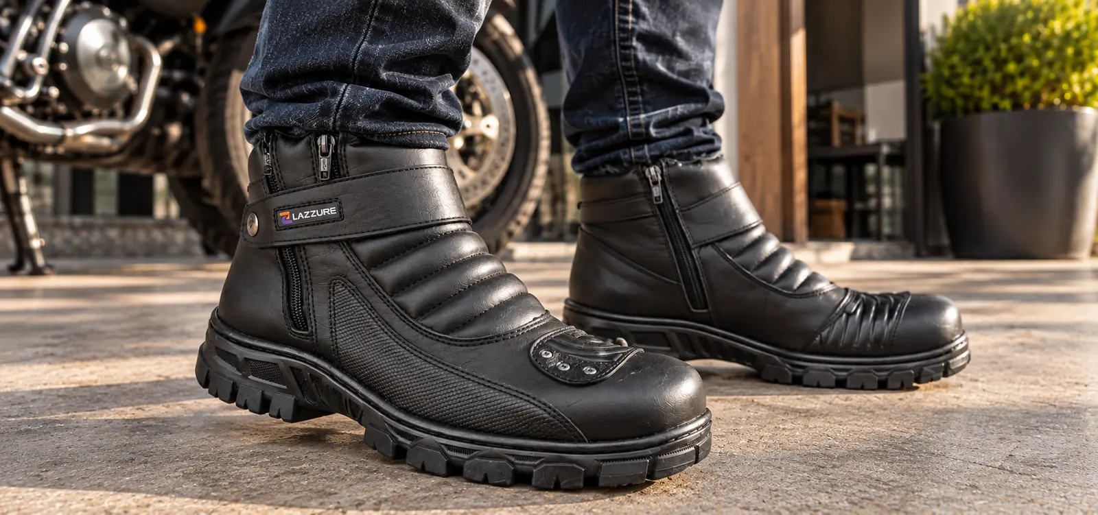 Coturno Motoqueiro Masculino em Couro Preto com Zíper e Solado de Borracha REF 9000 — uso real no pé